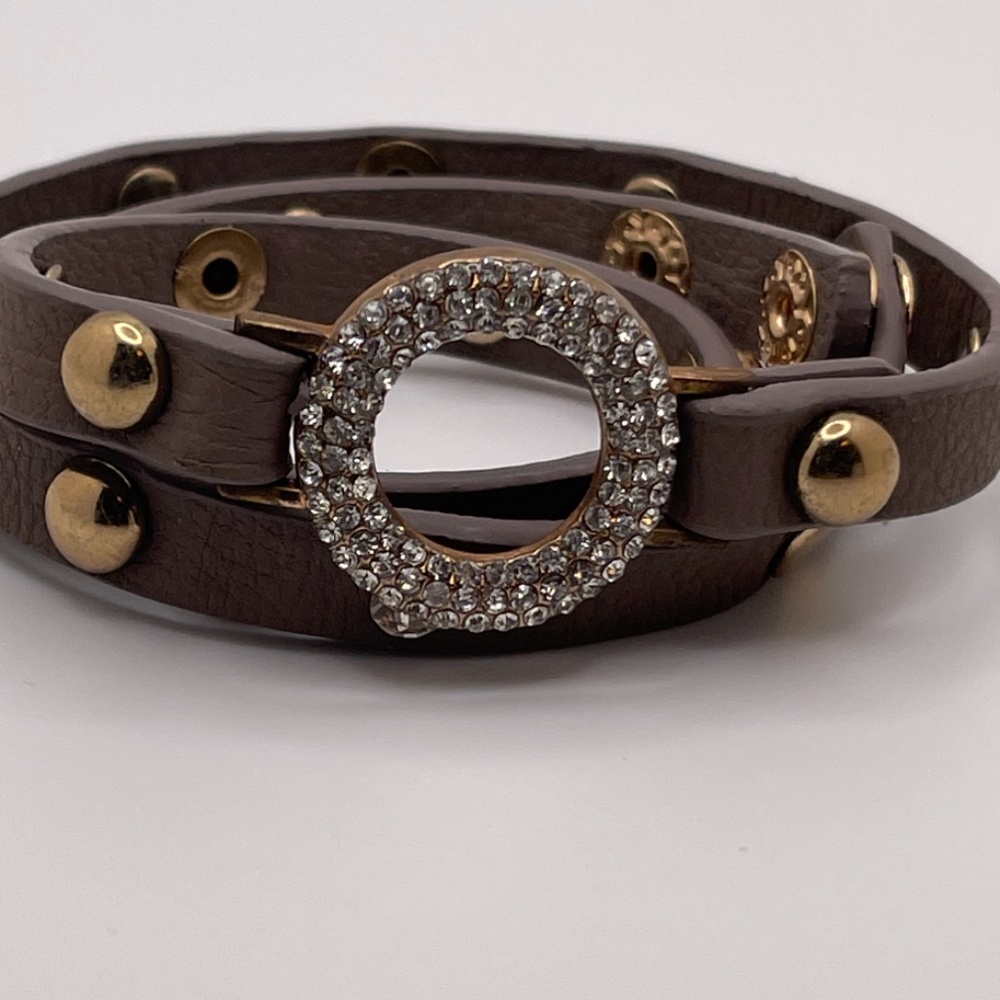 Brown & Gold Studded Leather Wrap-Around Studded Cuff Bracelet- Large